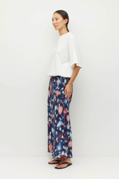 JULIETTE HOGAN EM SKIRT BLUE BIAS CUT POLYESTER FLROAL MAXI SKIRT