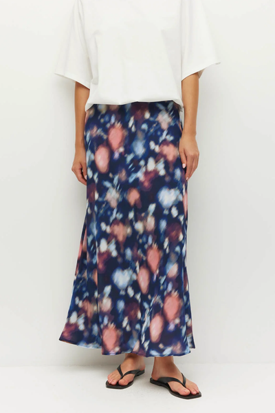 JULIETTE HOGAN EM SKIRT BLUE BIAS CUT POLYESTER FLROAL MAXI SKIRT