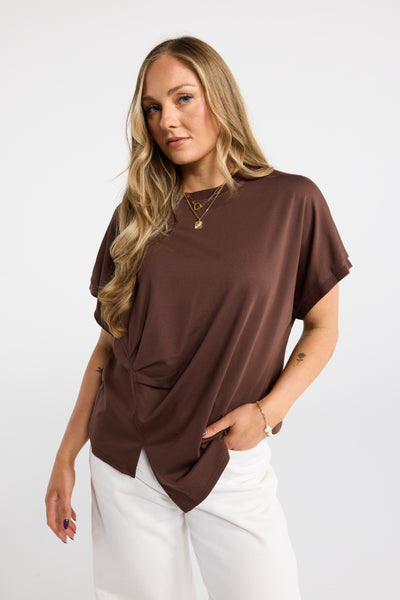 INK FOLD TEE CHOCOLATE ASSYMETRIC TSHIRT ASSYMETRIC TOP ASSYMETRIC TEE BROWN TSHIRT BROWN TOP BROW TEE GATHERED TEE GATHERED TSHIRT 
