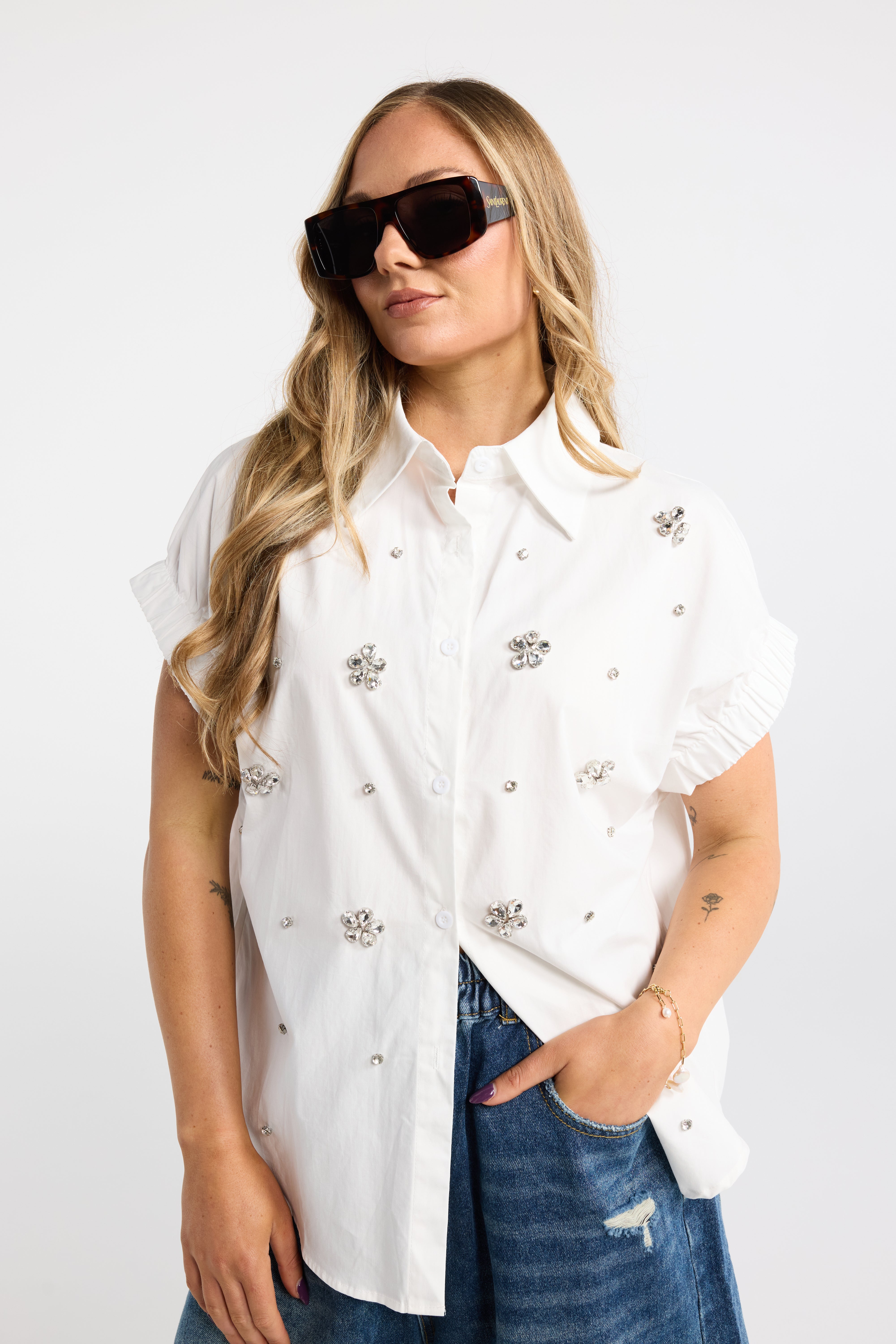 INK GEM SHIRT WHITE SHORT SLEEVE SHIRT EMBELLESHED SHIRT DIAMANTE FLOWER SHIRT  SUMMER SHIRT