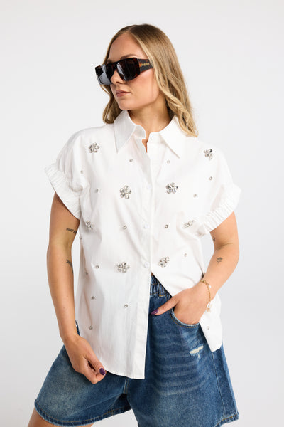 INK GEM SHIRT WHITE SHORT SLEEVE SHIRT EMBELLESHED SHIRT DIAMANTE FLOWER SHIRT  SUMMER SHIRT
