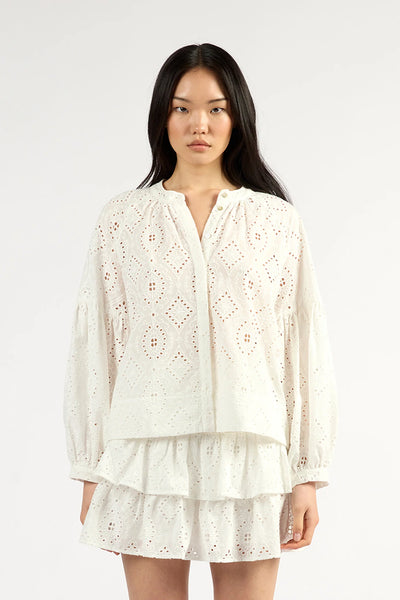 TUESDAY GIGI TOP WHITE COTTON EMBROIDERY TOP WITH LONG SLEEVES AND BUTTONS DOWN THE FRONT