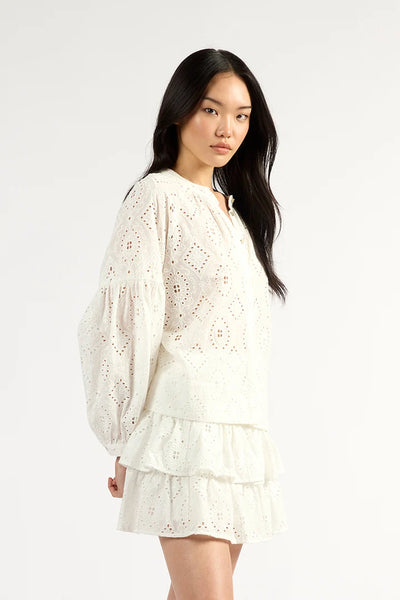 TUESDAY GIGI TOP WHITE COTTON EMBROIDERY TOP WITH LONG SLEEVES AND BUTTONS DOWN THE FRONT