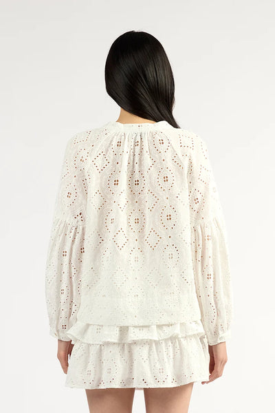 TUESDAY GIGI TOP WHITE COTTON EMBROIDERY TOP WITH LONG SLEEVES AND BUTTONS DOWN THE FRONT