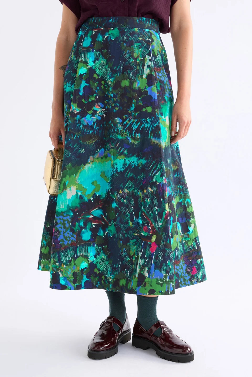 ELK BOHN SKIRT MAXI SKIRT IN ABSTRACT  PAINTERLY BOTANICALS IN RICH COOL TONES