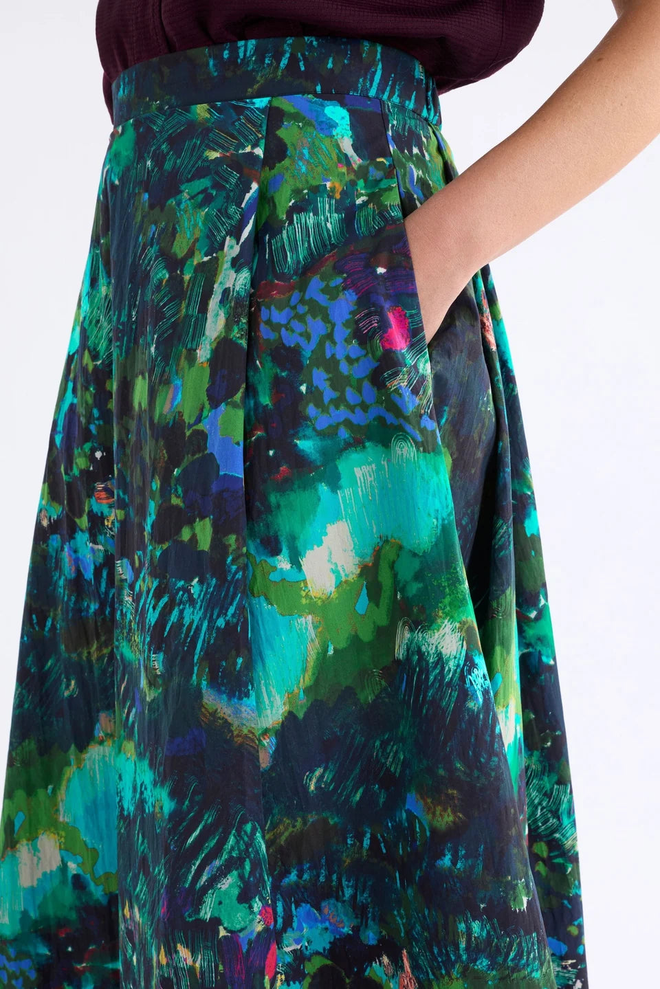 ELK BOHN SKIRT MAXI SKIRT IN ABSTRACT  PAINTERLY BOTANICALS IN RICH COOL TONES