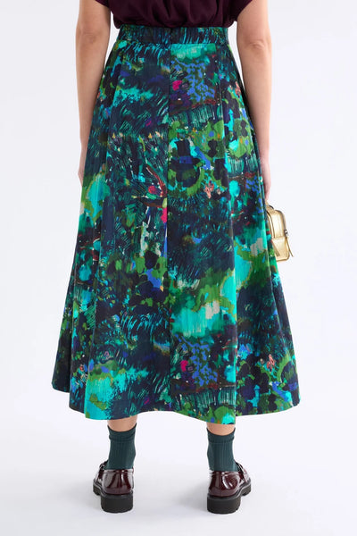 ELK BOHN SKIRT MAXI SKIRT IN ABSTRACT  PAINTERLY BOTANICALS IN RICH COOL TONES