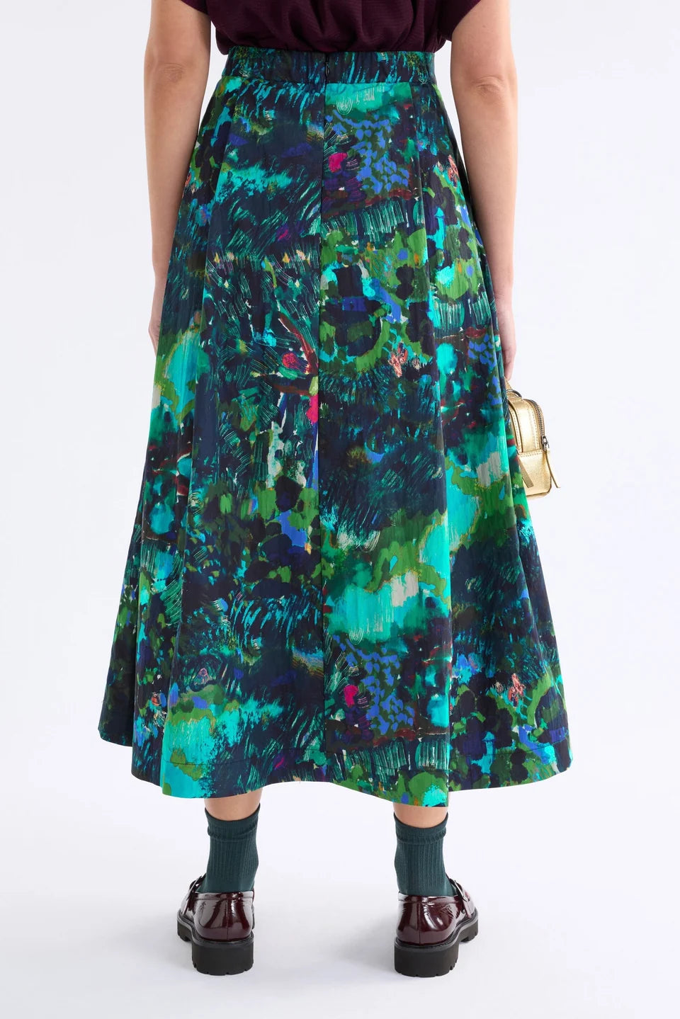 ELK BOHN SKIRT MAXI SKIRT IN ABSTRACT  PAINTERLY BOTANICALS IN RICH COOL TONES