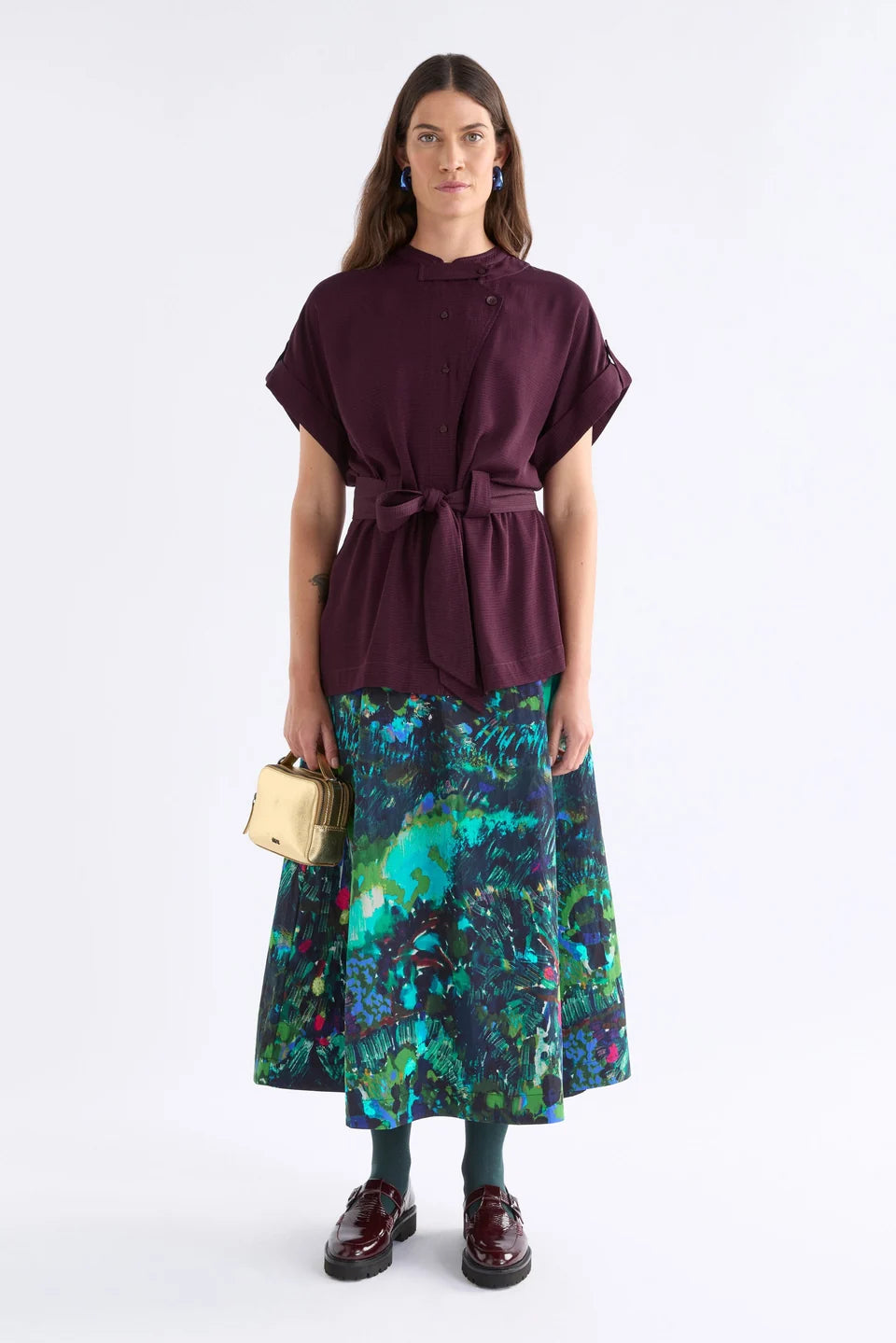 ELK BOHN SKIRT MAXI SKIRT IN ABSTRACT  PAINTERLY BOTANICALS IN RICH COOL TONES