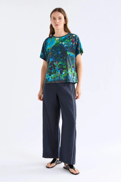 ELK HAKI SHORT SLEEVE TSHIRT ROUND NECK PRINT TEE ABSTRACT  PAINTERLY BOTANICALS IN RICH COOL TONES