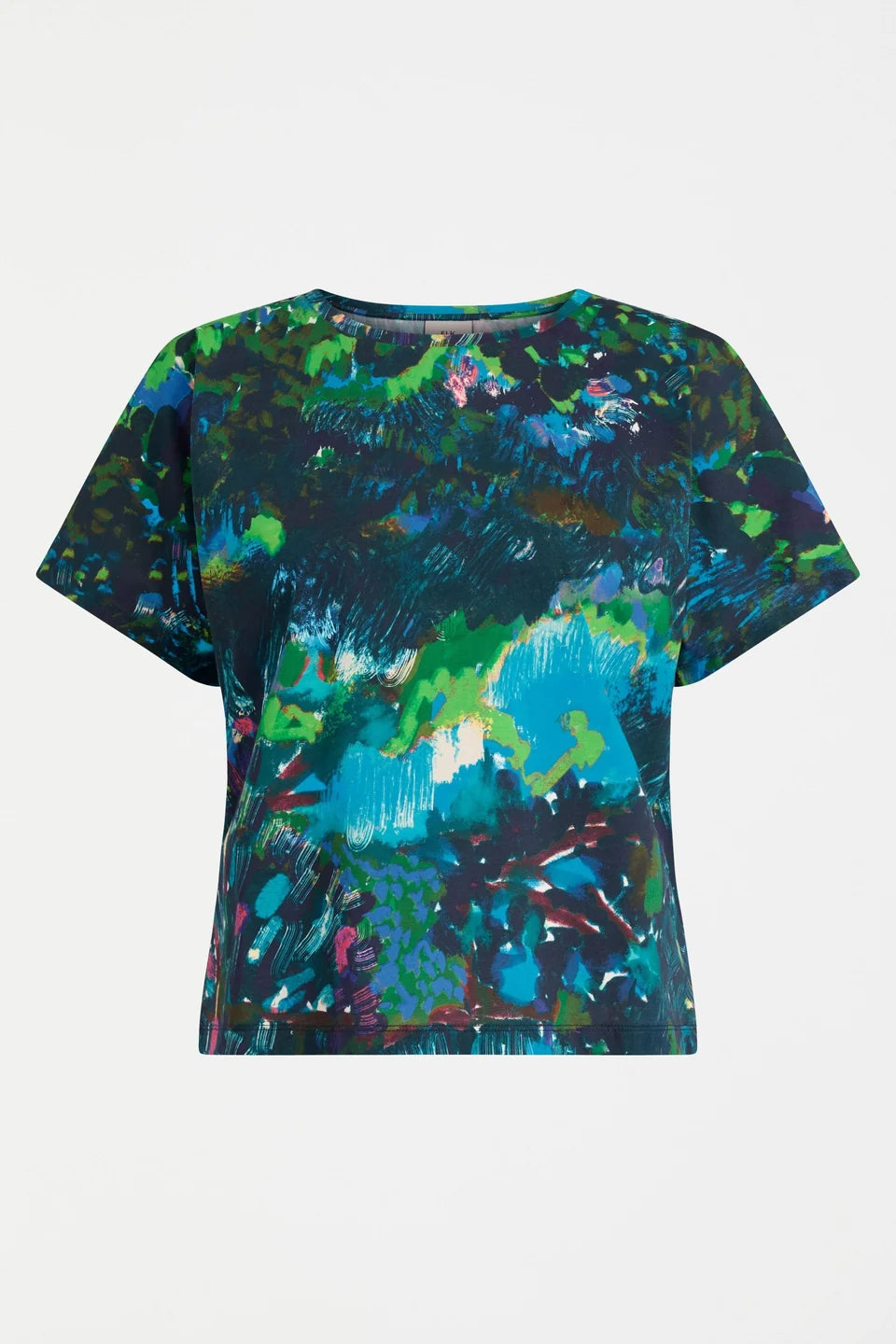 ELK HAKI SHORT SLEEVE TSHIRT ROUND NECK PRINT TEE ABSTRACT  PAINTERLY BOTANICALS IN RICH COOL TONES