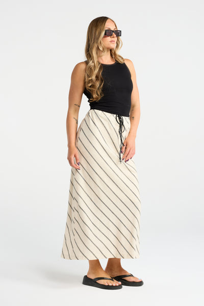 INK BANDER SKIRT NATURAL LINEN BEIGE MAXI SKIRT LACK STRIPE DRAWSTRING