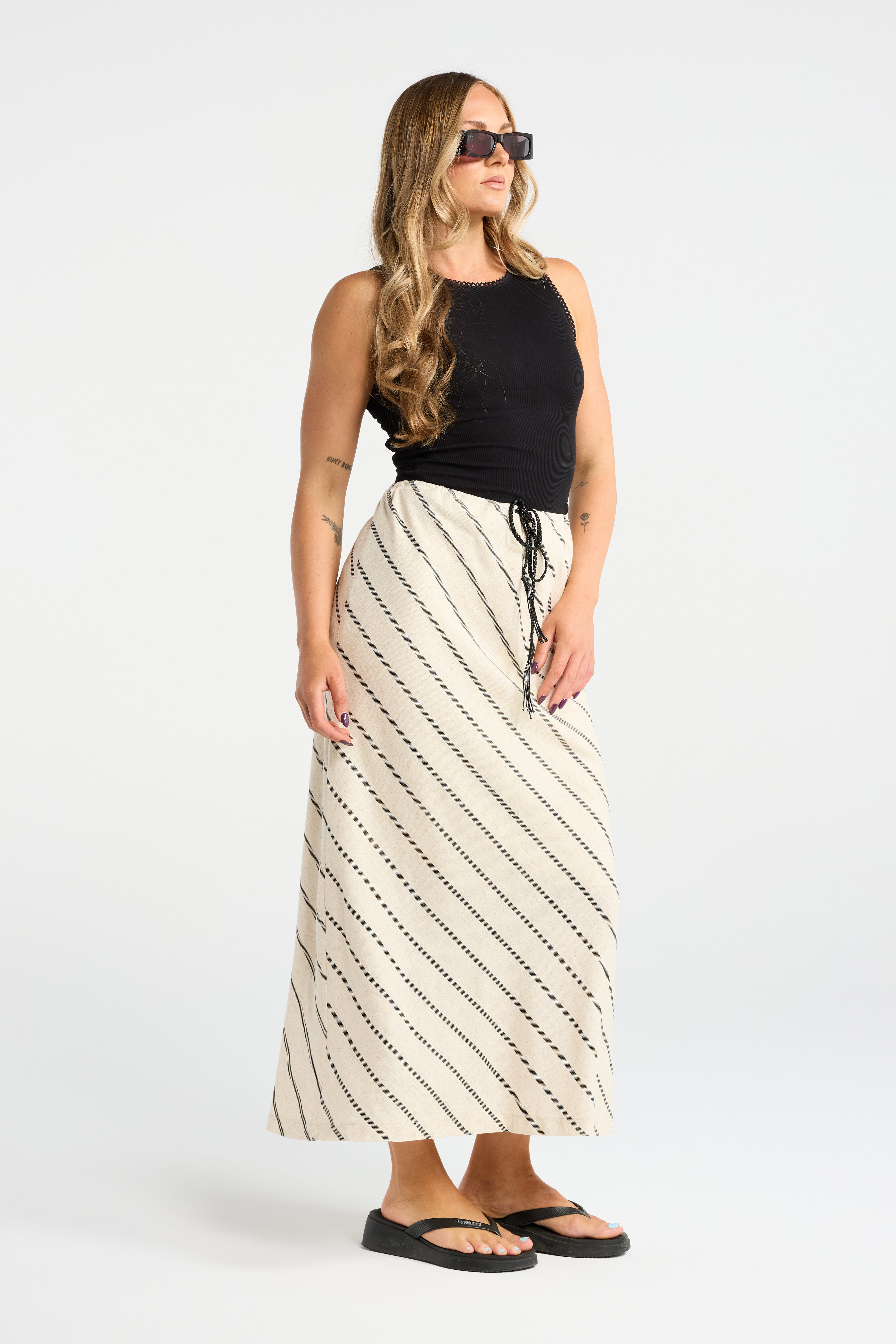 INK BANDER SKIRT NATURAL LINEN BEIGE MAXI SKIRT LACK STRIPE DRAWSTRING