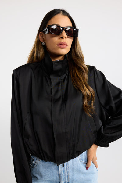 INK MIDNIGHT BOMBER BLACK SATIN BOMBER JACKET PLEATS ELASTIC CUFFS AND HEM