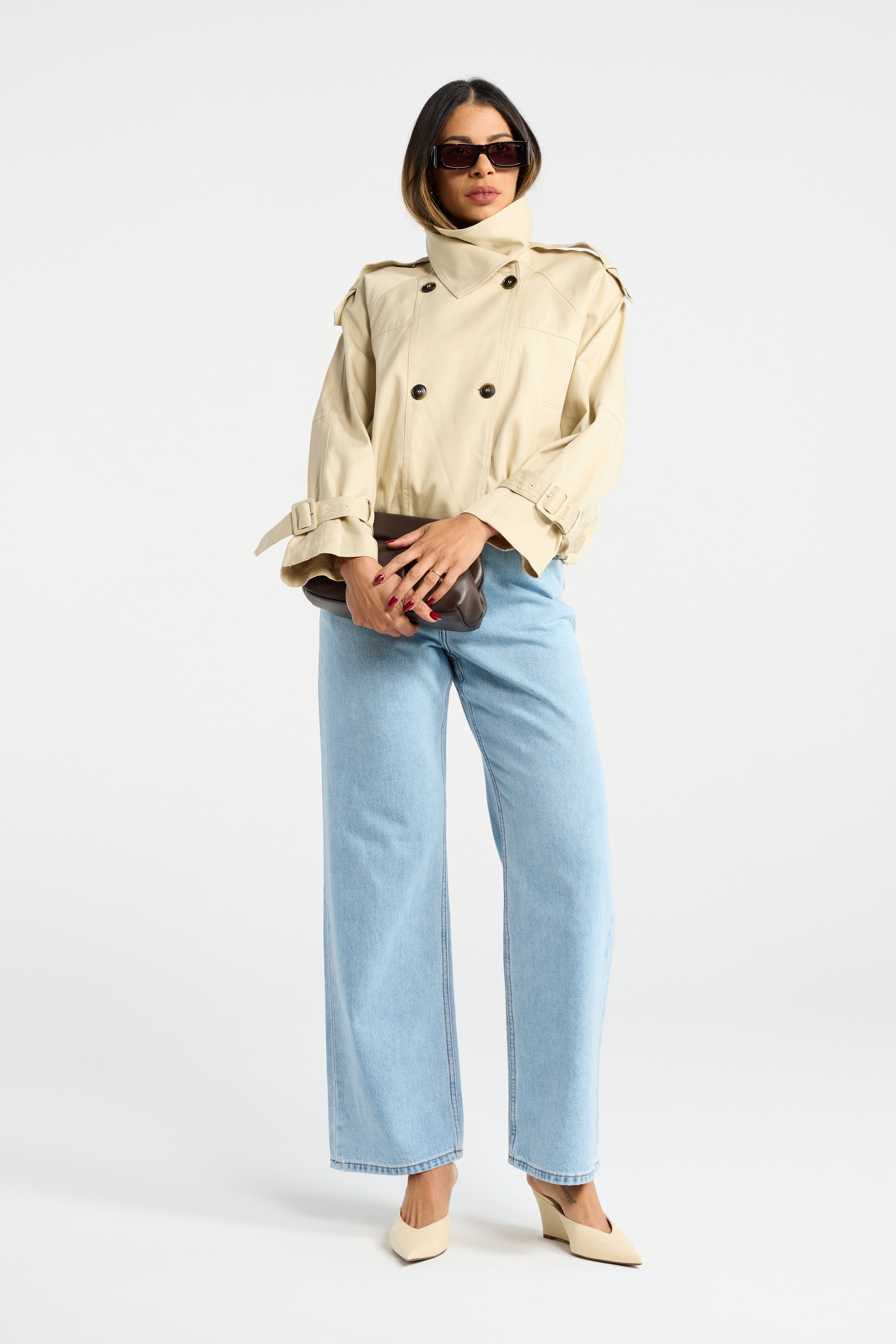 INK CROP TRENCH STONE HIGH NECK BEIGE JACKET