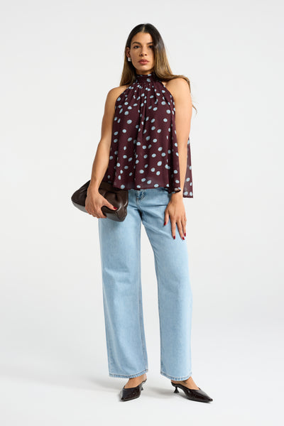 INK DAPPLE TOP HALTER FLOATY POLKA DOT BALCK AND WHITE BLUE AND BURGUNDY TOP NECK TIE TOP
