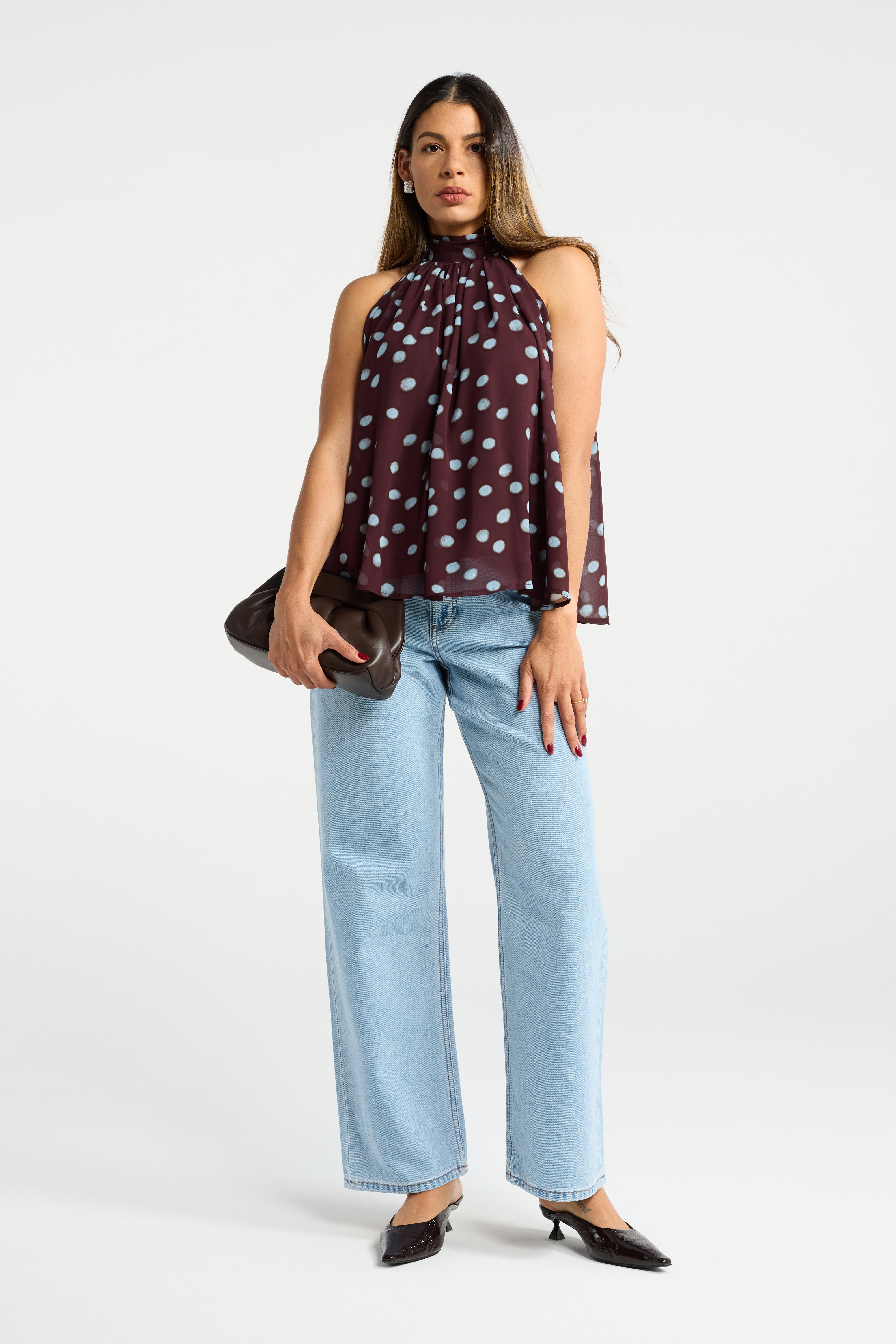 INK DAPPLE TOP HALTER FLOATY POLKA DOT BALCK AND WHITE BLUE AND BURGUNDY TOP NECK TIE TOP