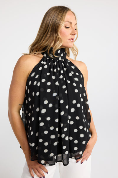 INK DAPPLE TOP HALTER FLOATY POLKA DOT BALCK AND WHITE BLUE AND BURGUNDY TOP NECK TIE TOP