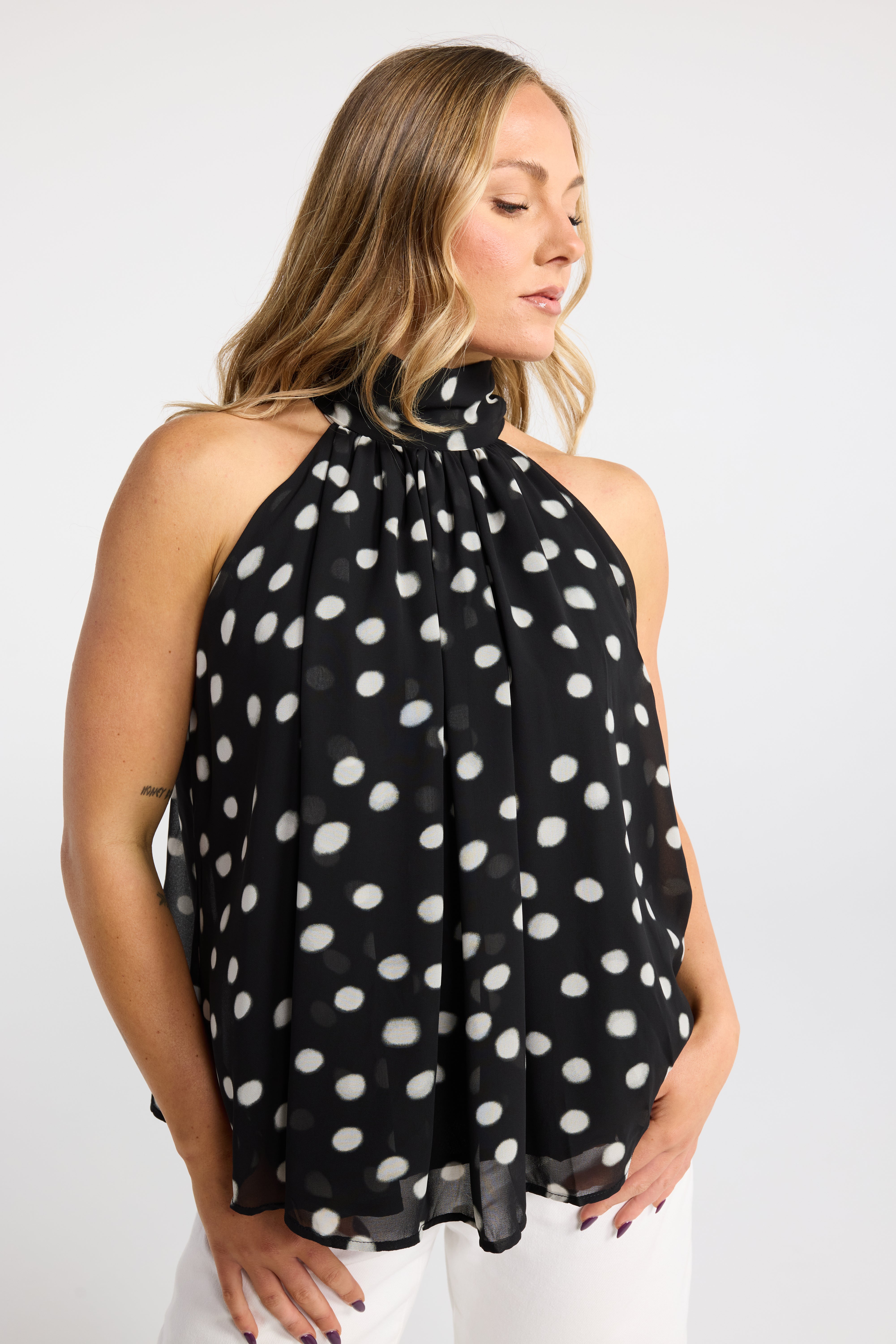 INK DAPPLE TOP HALTER FLOATY POLKA DOT BALCK AND WHITE BLUE AND BURGUNDY TOP NECK TIE TOP