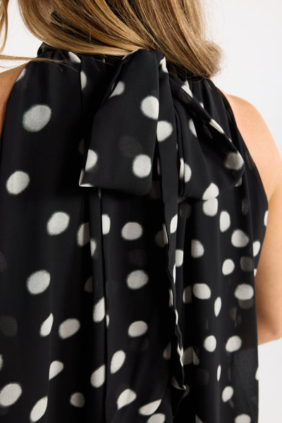 INK DAPPLE TOP HALTER FLOATY POLKA DOT BALCK AND WHITE BLUE AND BURGUNDY TOP NECK TIE TOP