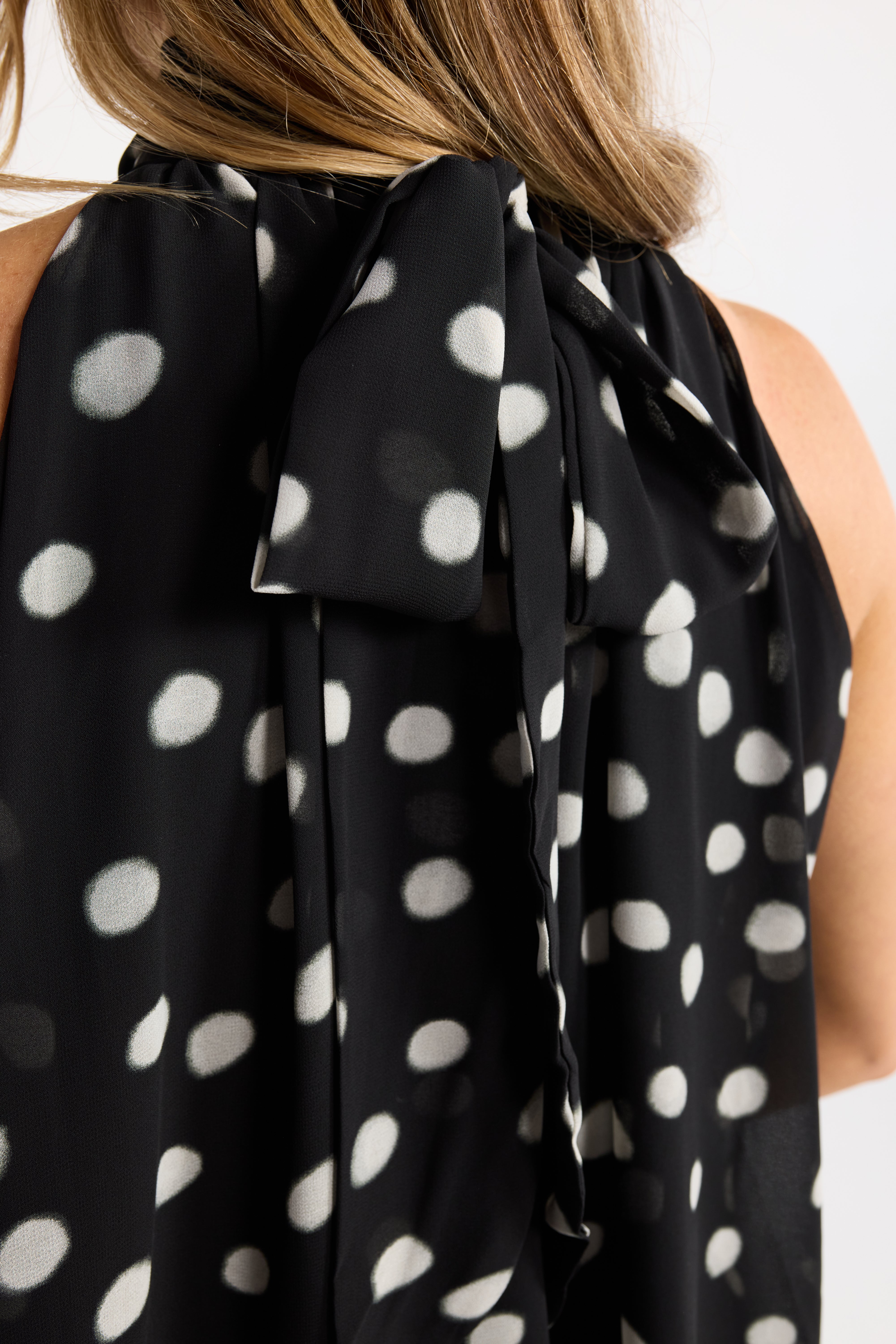 INK DAPPLE TOP HALTER FLOATY POLKA DOT BALCK AND WHITE BLUE AND BURGUNDY TOP NECK TIE TOP