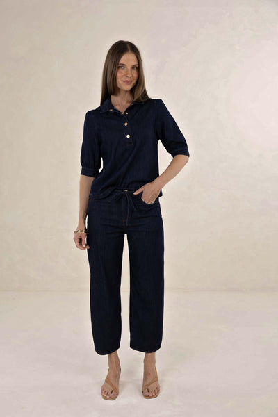 HUMIDITY IVY BARREL JEAN COTTON POLYESTER GRACELL INDIGO DARK DENIM IVORY WHITE PANT