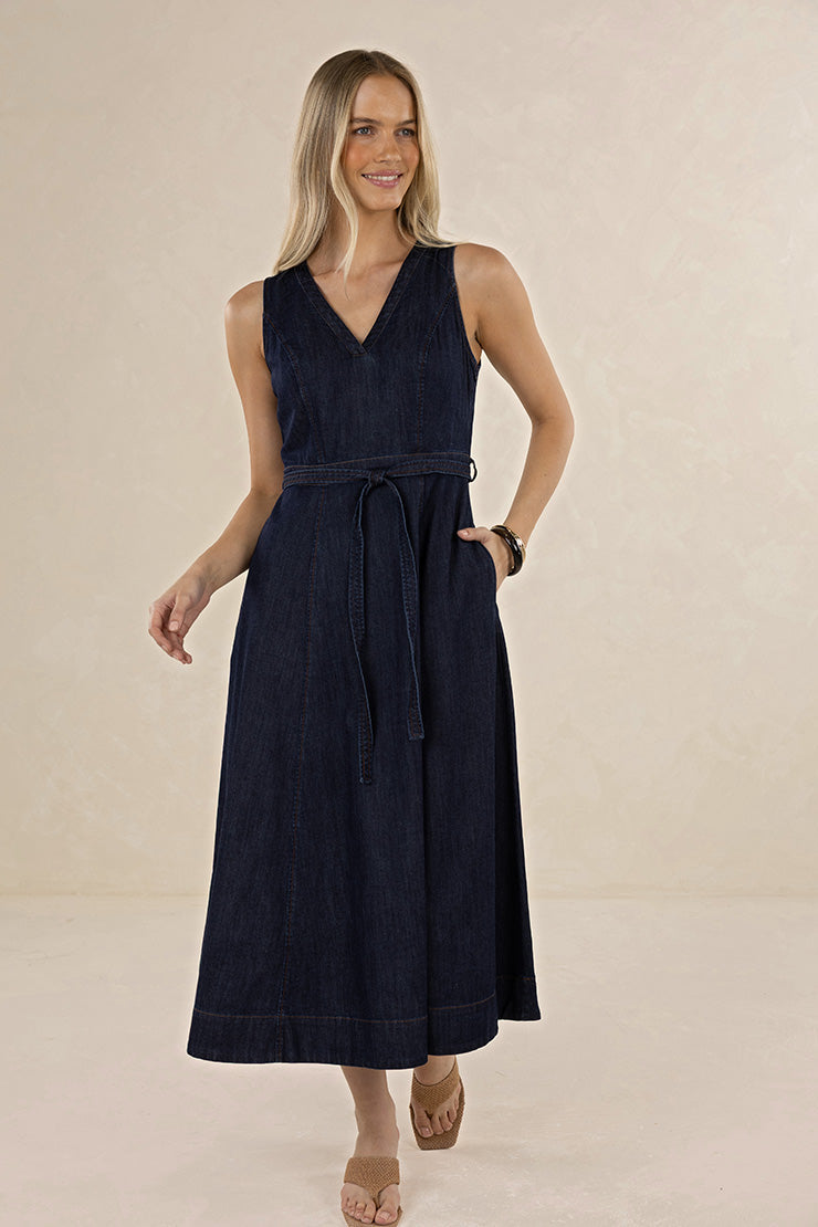 HUMIDITY IVY DENIM MIDI DRESS COTTON POLYESTER GRACELL NAVY