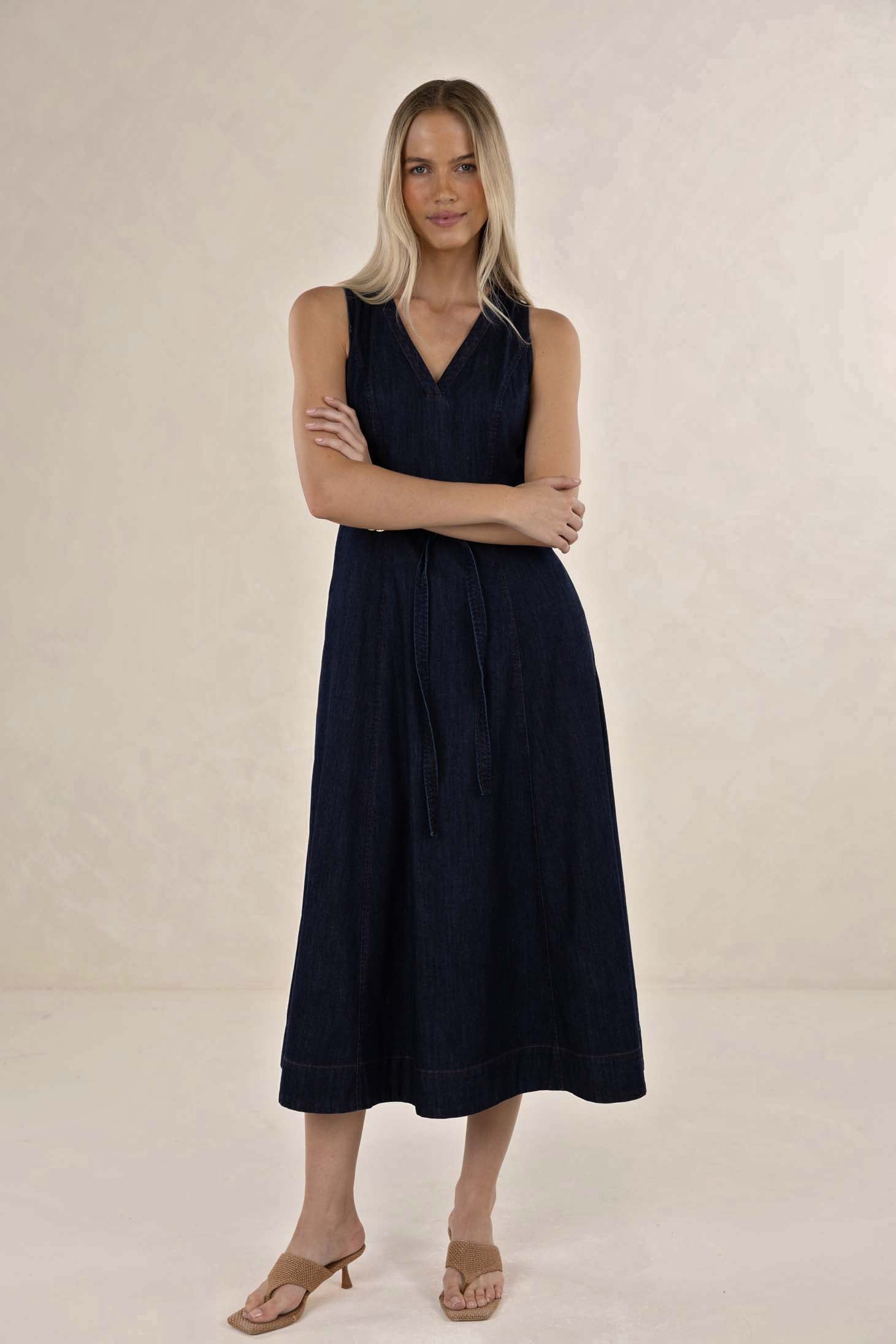 HUMIDITY IVY DENIM MIDI DRESS COTTON POLYESTER GRACELL NAVY