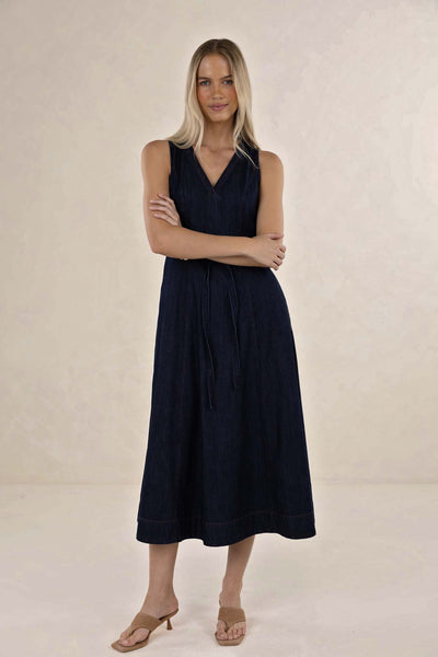 HUMIDITY IVY DENIM MIDI DRESS COTTON POLYESTER GRACELL NAVY
