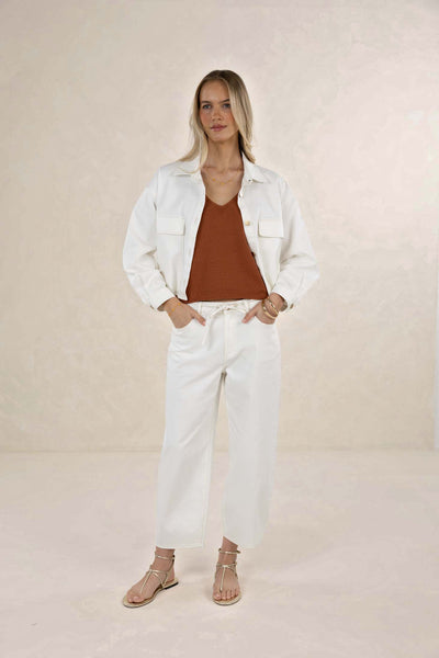 HUMIDITY IVY BARREL JEAN COTTON POLYESTER GRACELL INDIGO DARK DENIM IVORY WHITE PANT