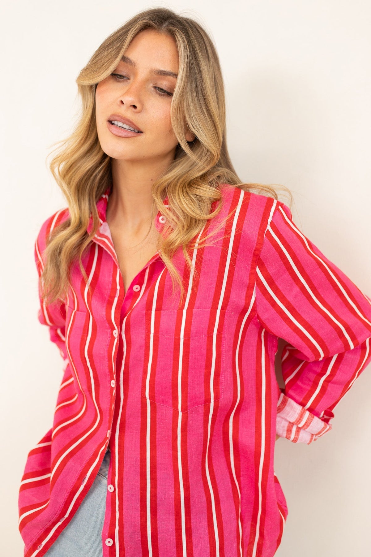 HUT BOYFRIEND LINEN SHIRT PINK & RED STRIPE