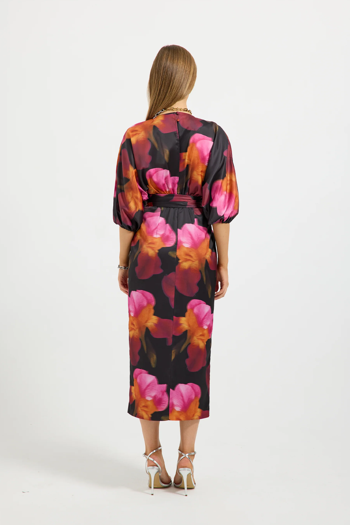PASDUCHAS IRIS WRAP MIDI DRESS POLYESTER SPANDEX FLORAL PINK AND RED