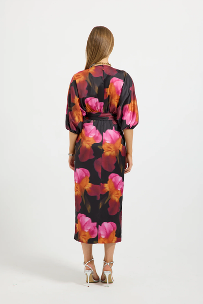 PASDUCHAS IRIS WRAP MIDI DRESS POLYESTER SPANDEX FLORAL PINK AND RED