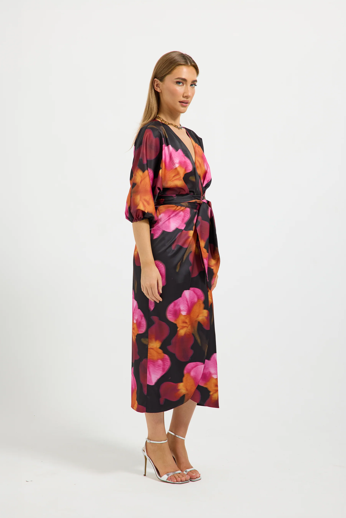 PASDUCHAS IRIS WRAP MIDI DRESS POLYESTER SPANDEX FLORAL PINK AND RED