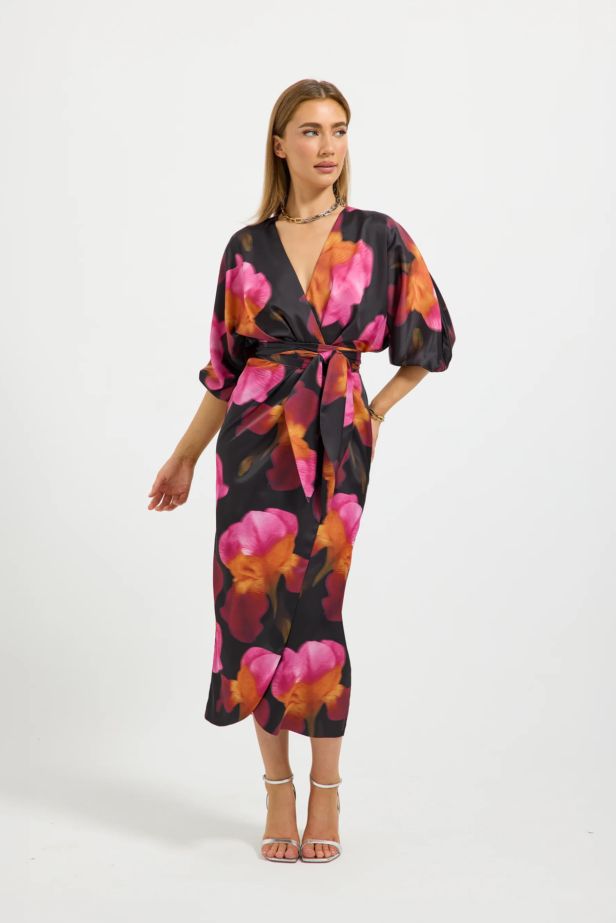 PASDUCHAS IRIS WRAP MIDI DRESS POLYESTER SPANDEX FLORAL PINK AND RED