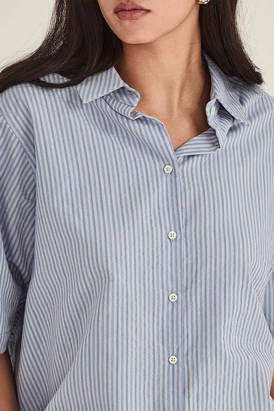 SILLS JENNE CAPE BLOUSE CORNFLOWER BLUE AND DIJON YELLOW STRIPES SHIRT COTTON LINEN POLYESTER 
