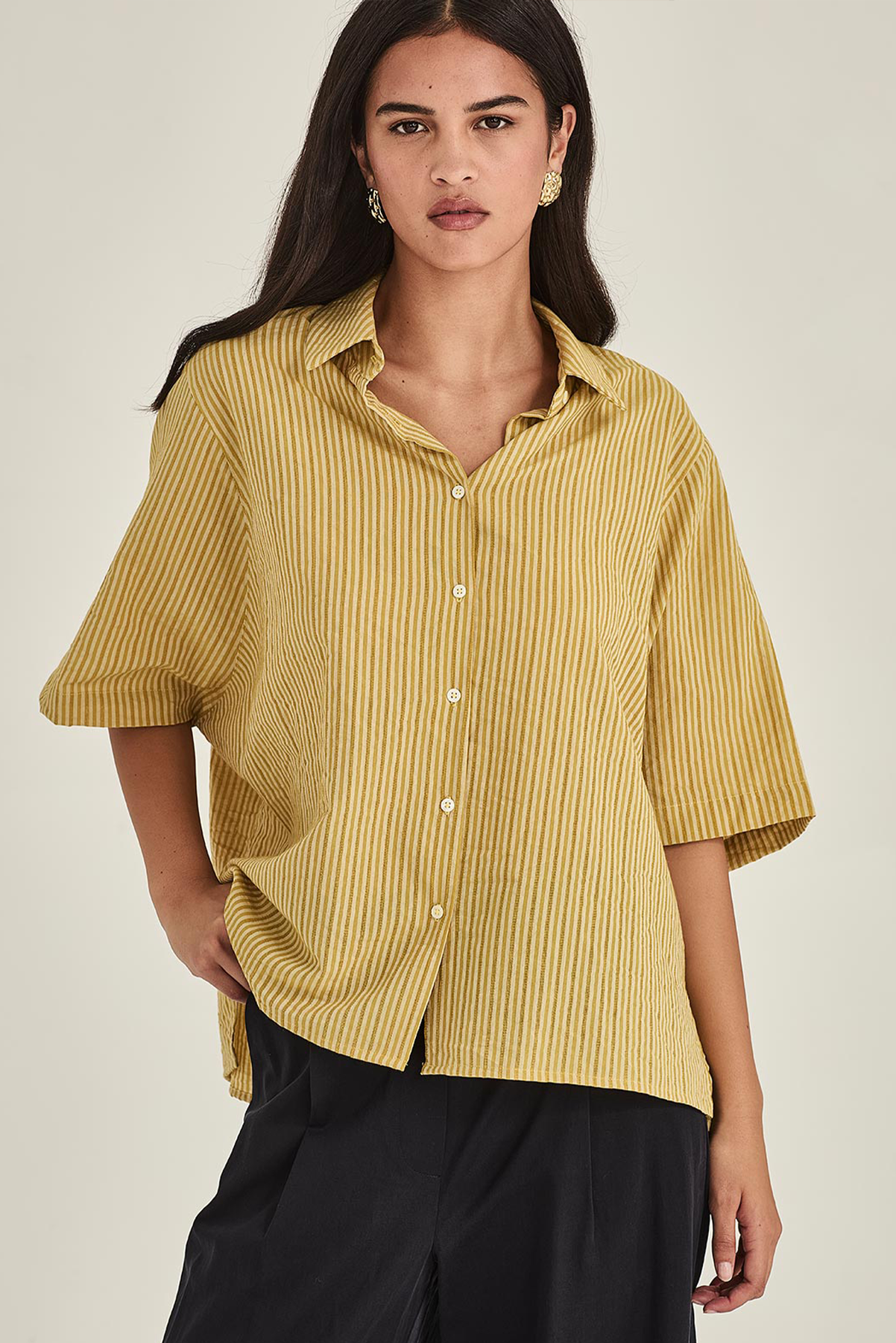 SILLS JENNE CAPE BLOUSE CORNFLOWER BLUE AND DIJON YELLOW STRIPES SHIRT COTTON LINEN POLYESTER 