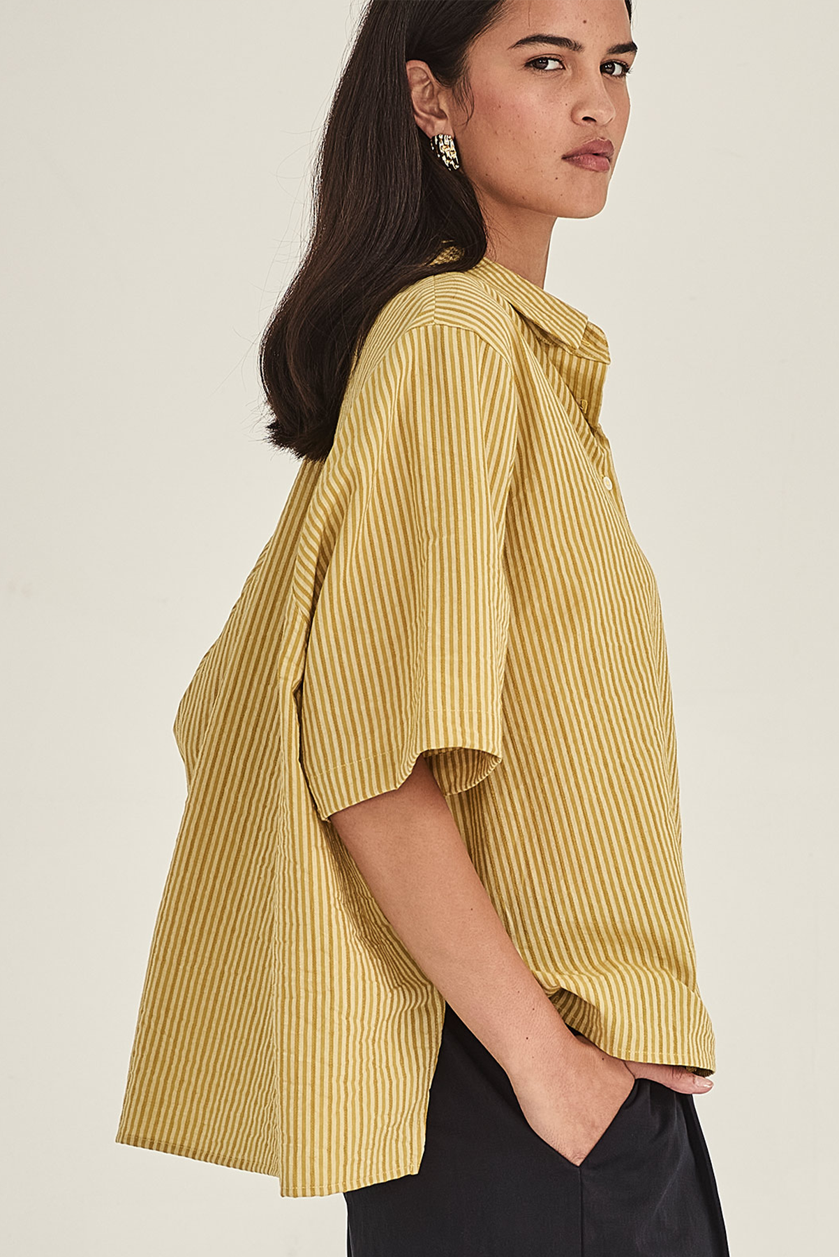 SILLS JENNE CAPE BLOUSE CORNFLOWER BLUE AND DIJON YELLOW STRIPES SHIRT COTTON LINEN POLYESTER 