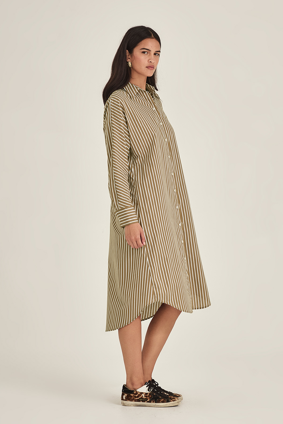 SILLS JULES STRIPE SHIRT DRESS COBALT BLUE TAN STRIPE SHIRT DRESS MIDI COTTON