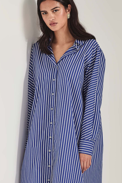 SILLS JULES STRIPE SHIRT DRESS COBALT BLUE TAN STRIPE SHIRT DRESS MIDI COTTON