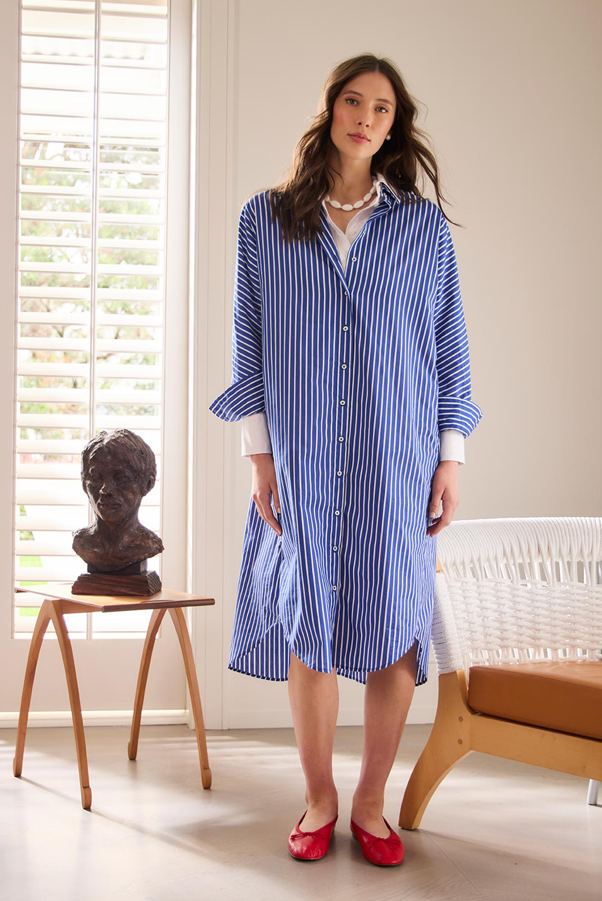 SILLS JULES STRIPE SHIRT DRESS COBALT BLUE TAN STRIPE SHIRT DRESS MIDI COTTON