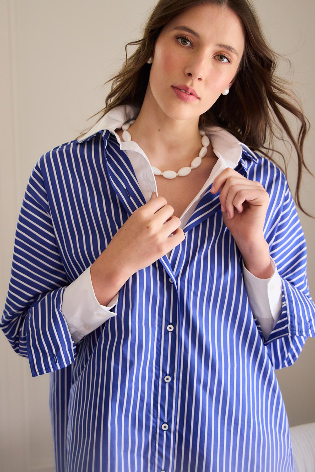 SILLS JULES STRIPE SHIRT DRESS COBALT BLUE TAN STRIPE SHIRT DRESS MIDI COTTON