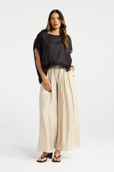 INK JULIAN PANT TAN BEIGE FLOATY PANT TIE ELASTIC WAIST PLEATED WIDE LEG PANT 