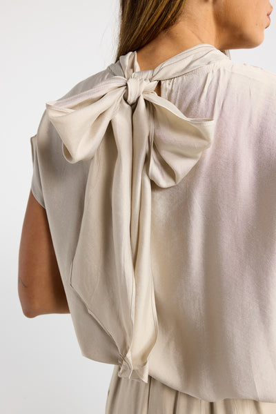INK JULIAN TOP BLACK TAN BEIGE FLOATY TOP BLOUSE HIGH NECK BOW NECK TIE PLEATING DELIACTE SATIN TOP