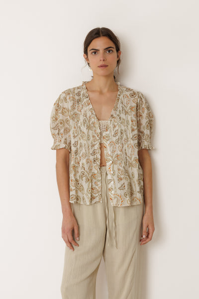 INDI AND COLD MICRO RUFFLE SHIRT COTTON PAISLEY PRINT NATURAL KHAKI