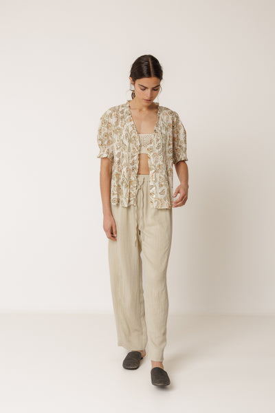 INDI AND COLD MICRO RUFFLE SHIRT COTTON PAISLEY PRINT NATURAL KHAKI