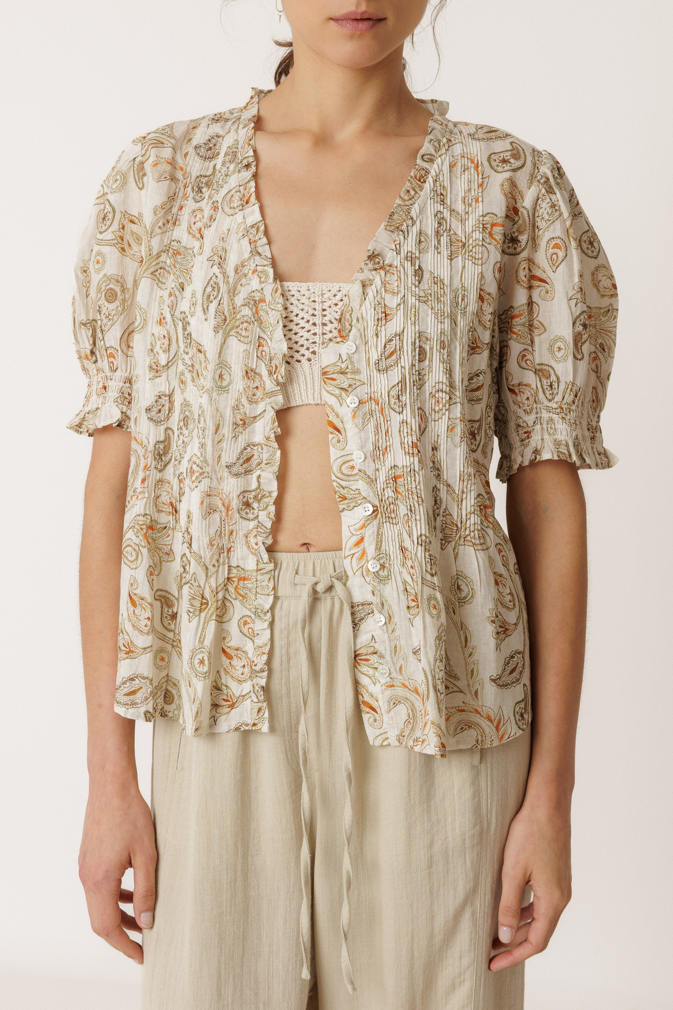 INDI AND COLD MICRO RUFFLE SHIRT COTTON PAISLEY PRINT NATURAL KHAKI