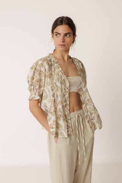 INDI AND COLD MICRO RUFFLE SHIRT COTTON PAISLEY PRINT NATURAL KHAKI