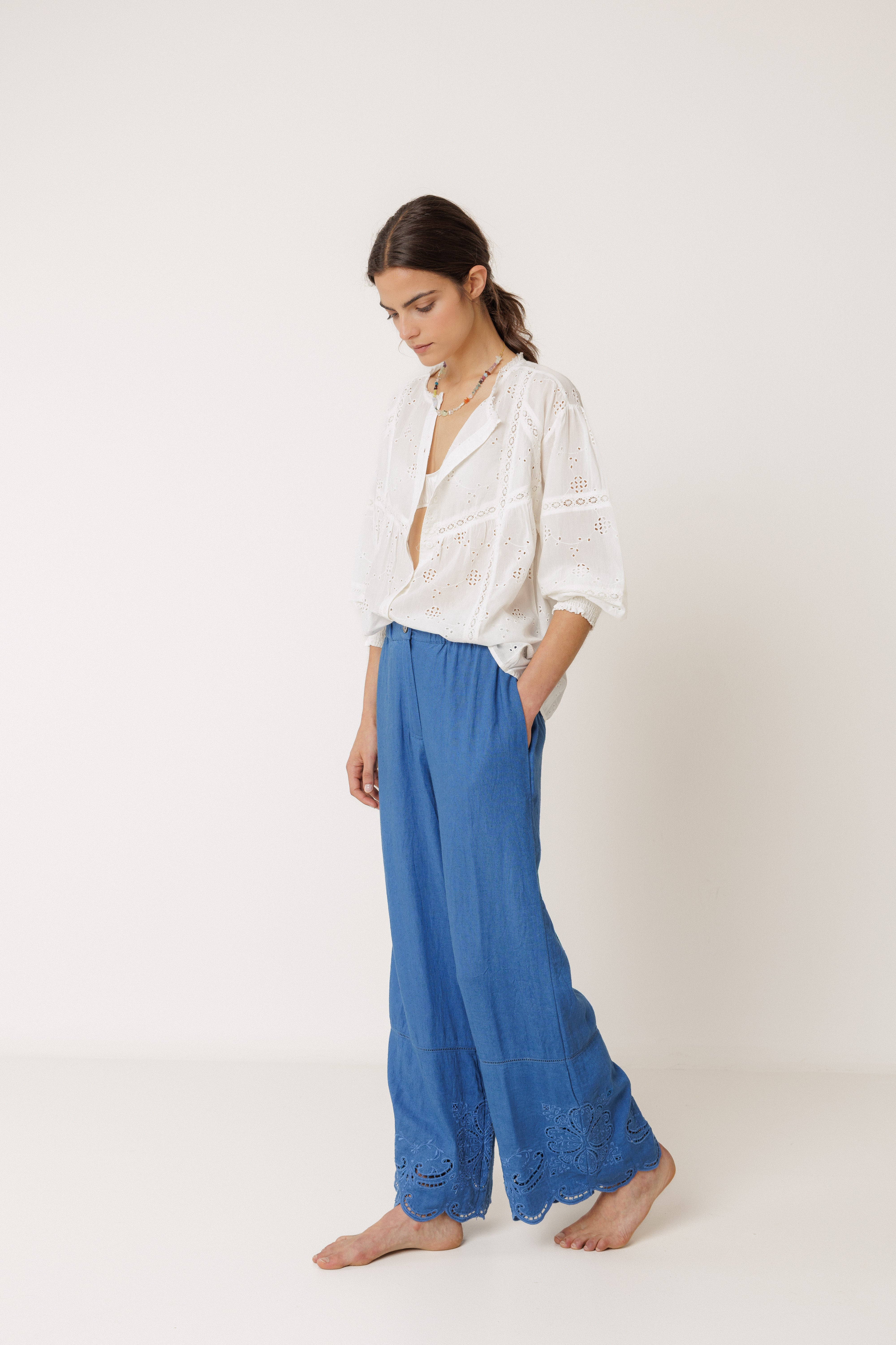 INDI AND COLD EMBROIDERED HEM PANT BLUE VISCOSE LINEN