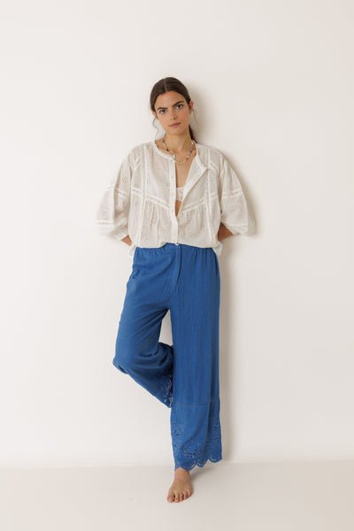 INDI AND COLD EMBROIDERED HEM PANT BLUE VISCOSE LINEN